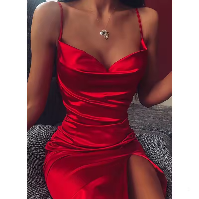 mini vestido bodycon satén rojo Sexy backless spaghetti strap women's elegant sleeveless summer dress